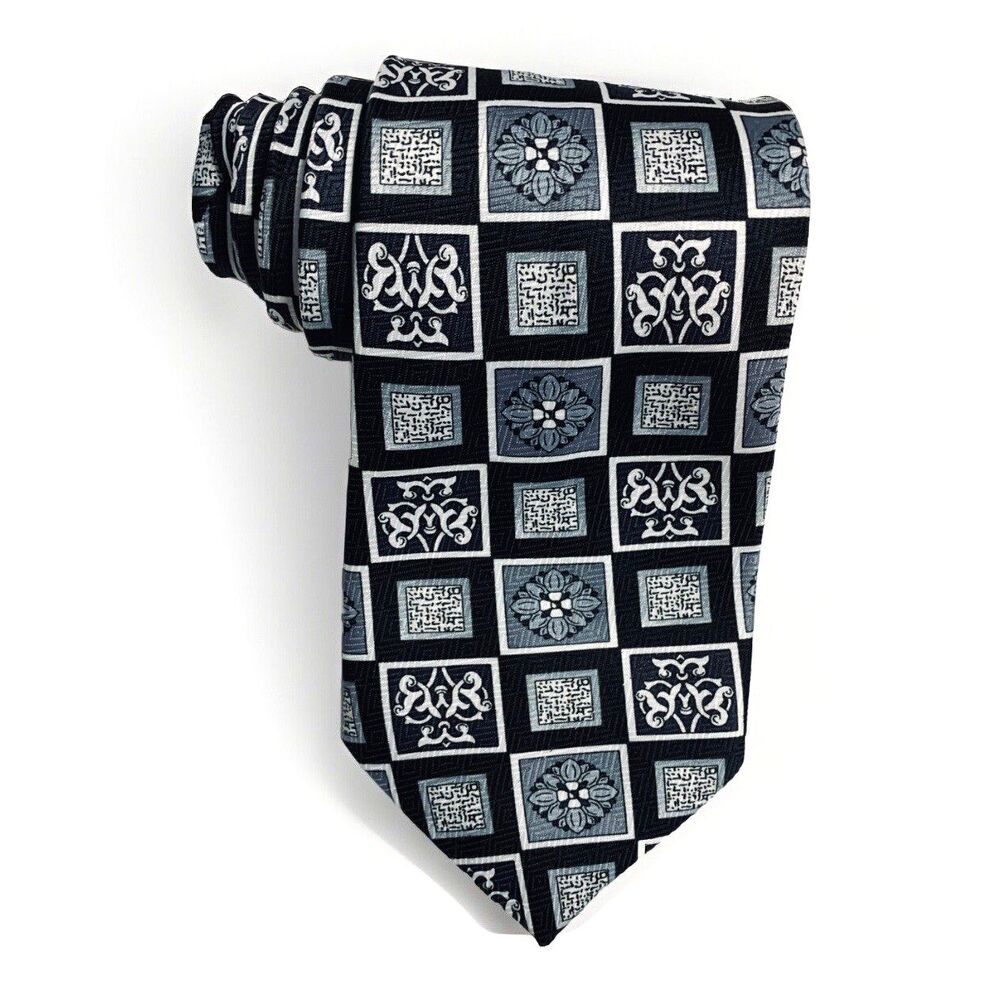 Vtg 80s 90s Emilio Casucci Italy Silk Neck Tie Gray Black White Geometric Damask
